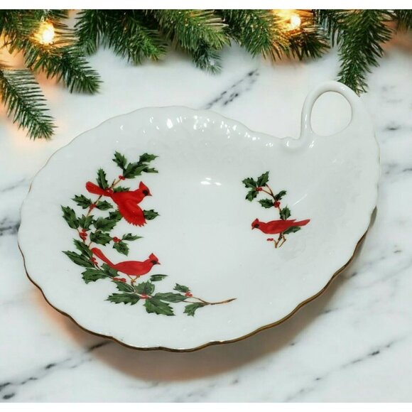 Lefton Cardinal Candy Dish Birds Holly Christmas Holiday Trinket Bone China 1988 - Picture 1 of 14